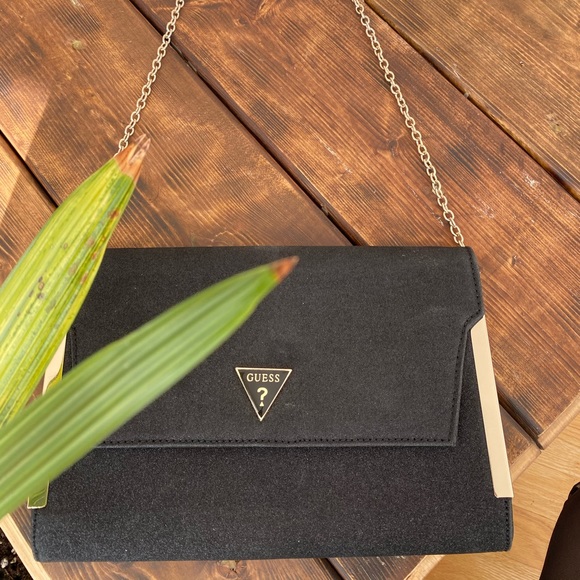 Guess Handbags - Guess black glitter clutch gold chain& details